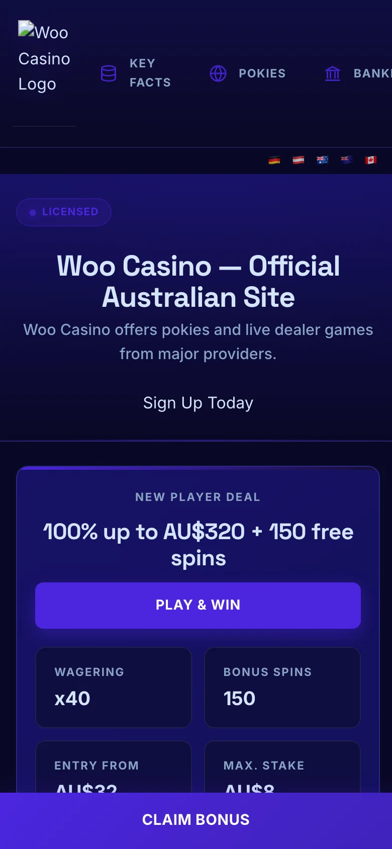 Woo Casino mobile lobby screenshot